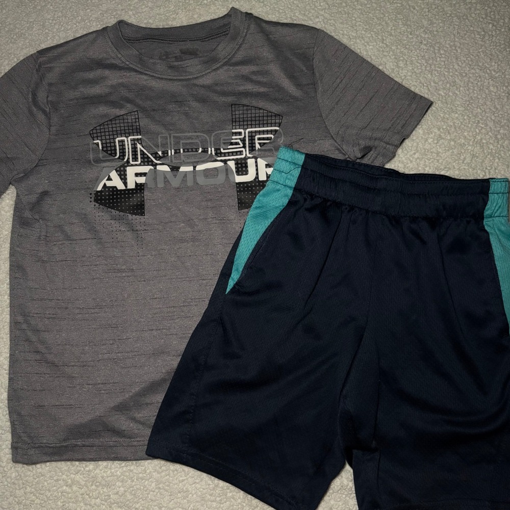 Under Armour Boys Grey Graphic Tee & Athletic Works Navy Mesh Shorts Bundle 6-7